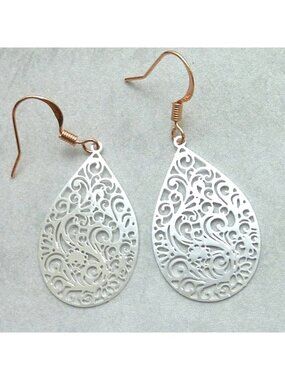 Teardrop Filigree Earrings Rose Gold Tone Hooks